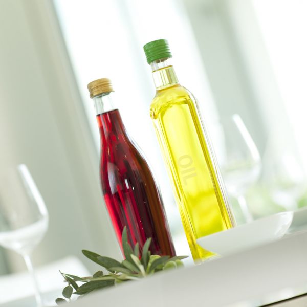 Oil bottles on table